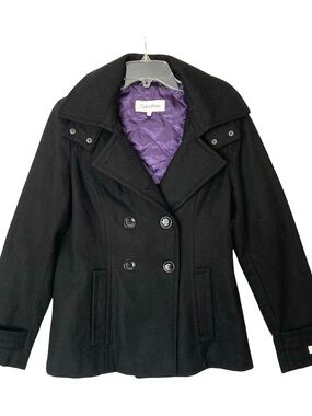 Calvin Klein Black Double-Breasted Wool Blend Pea Coat with Hood & Purple Lining